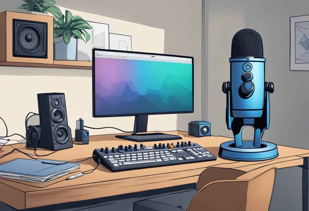 Blue mic on desk next to computer