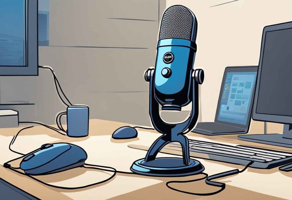 Blue mic on desk next to computer