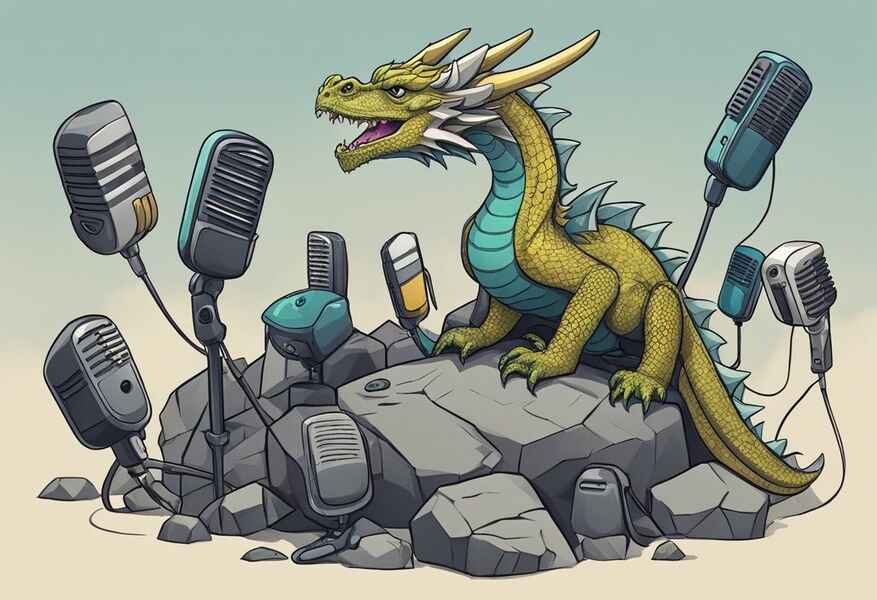 Cartoon dragon perched on microphone pile