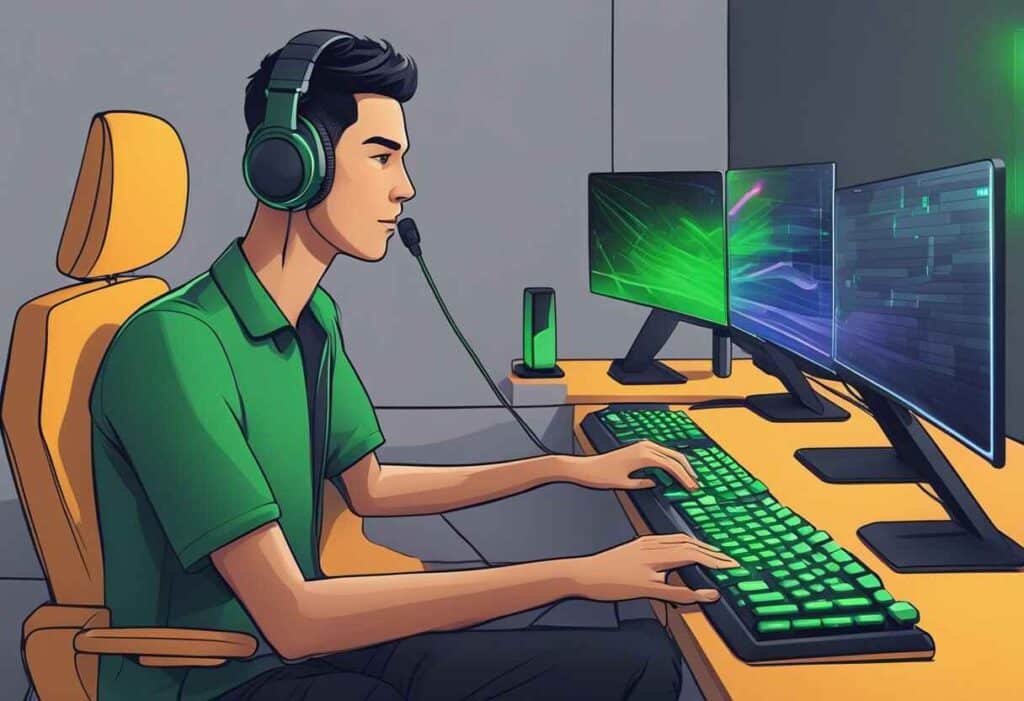 Green-shirted man at desk with 3 monitors, wearing headphones