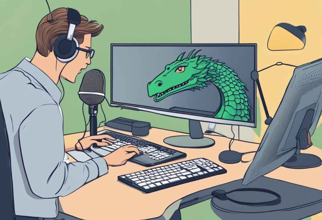 Man in headphones working on computer with green dragon on screen