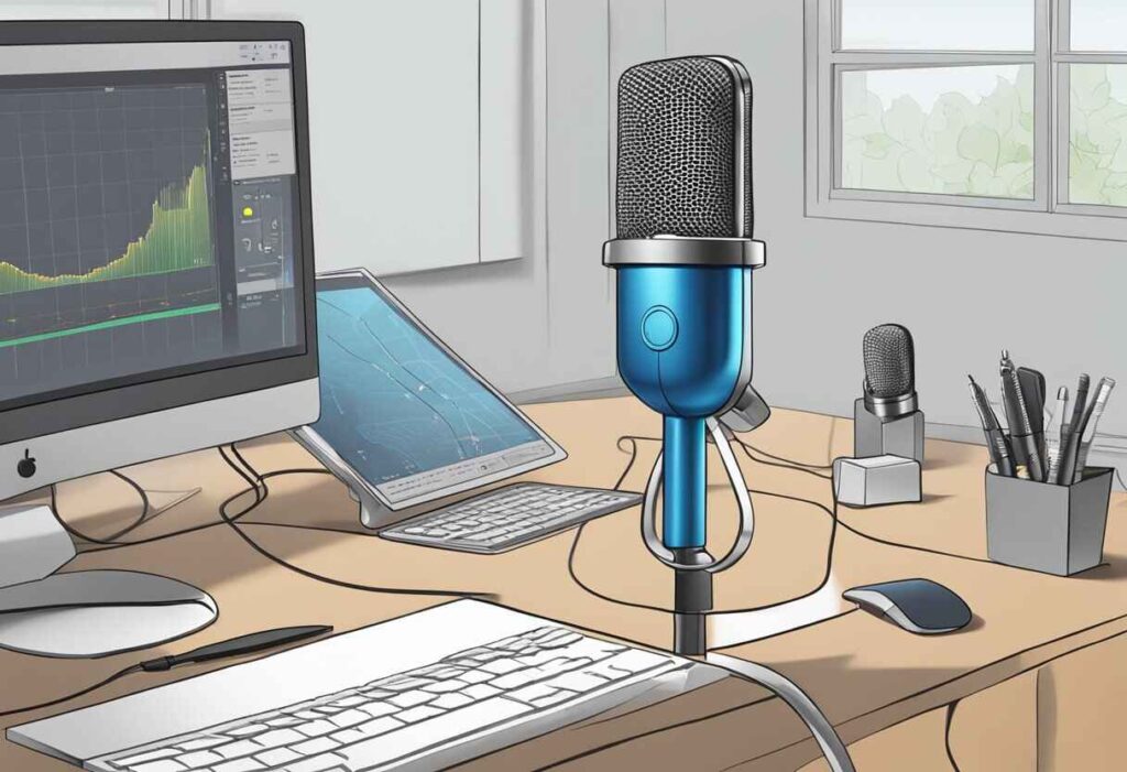 blue microphone placed on a desk beside a computer