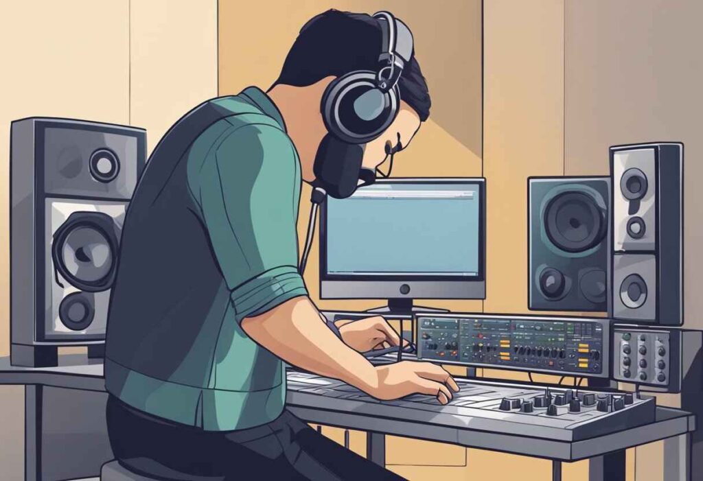 A headphone-clad man uses FL Studio on his computer for work