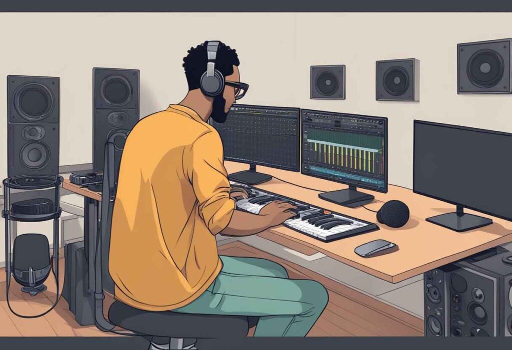 A headphone-wearing man works on FL Studio at a desk
