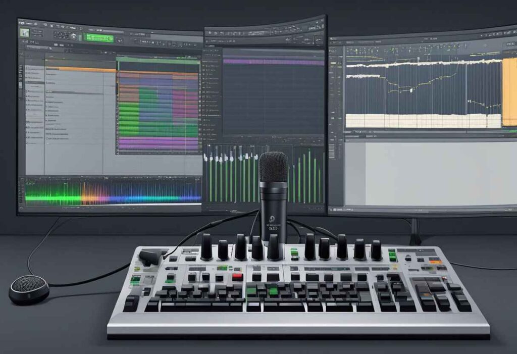FL Studio on computer with mic and dual monitors