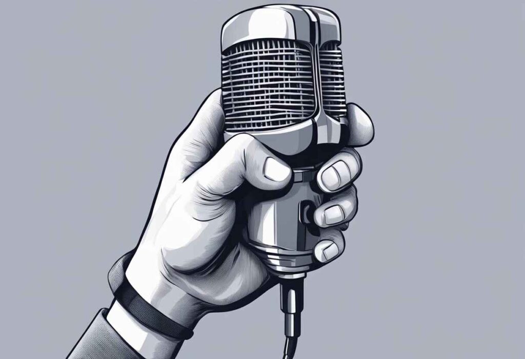Hand holding microphone against gray background