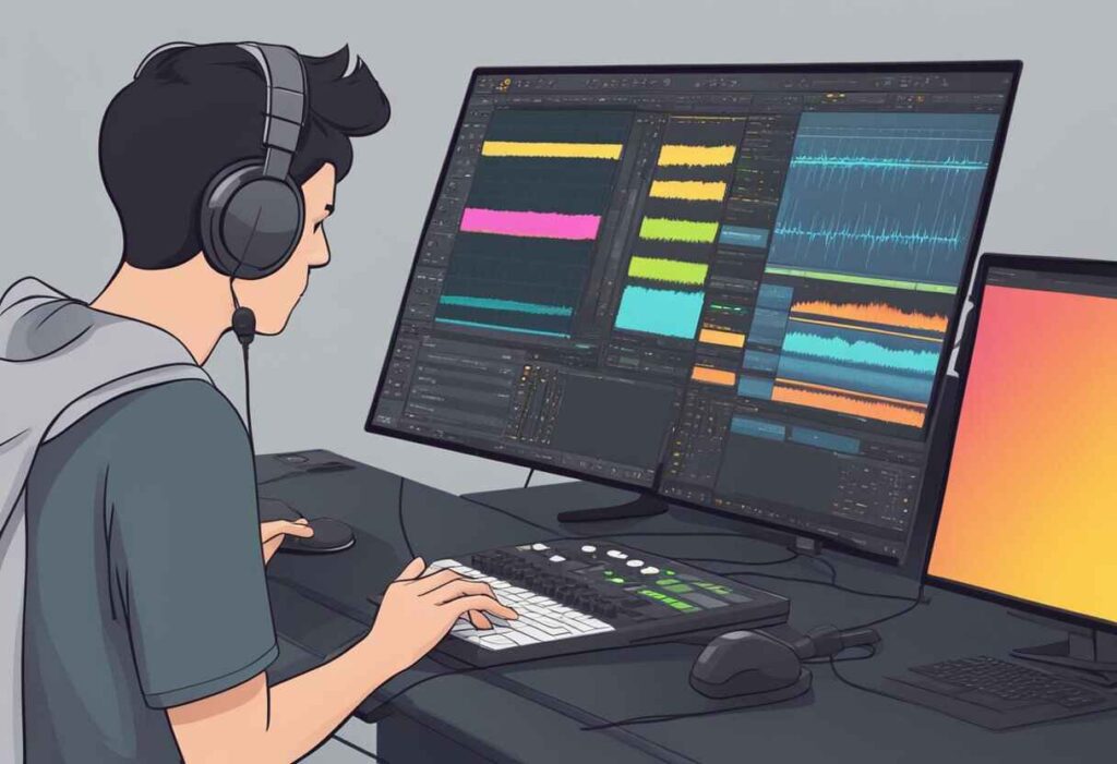 Man in headphones using FL Studio 12 on computer