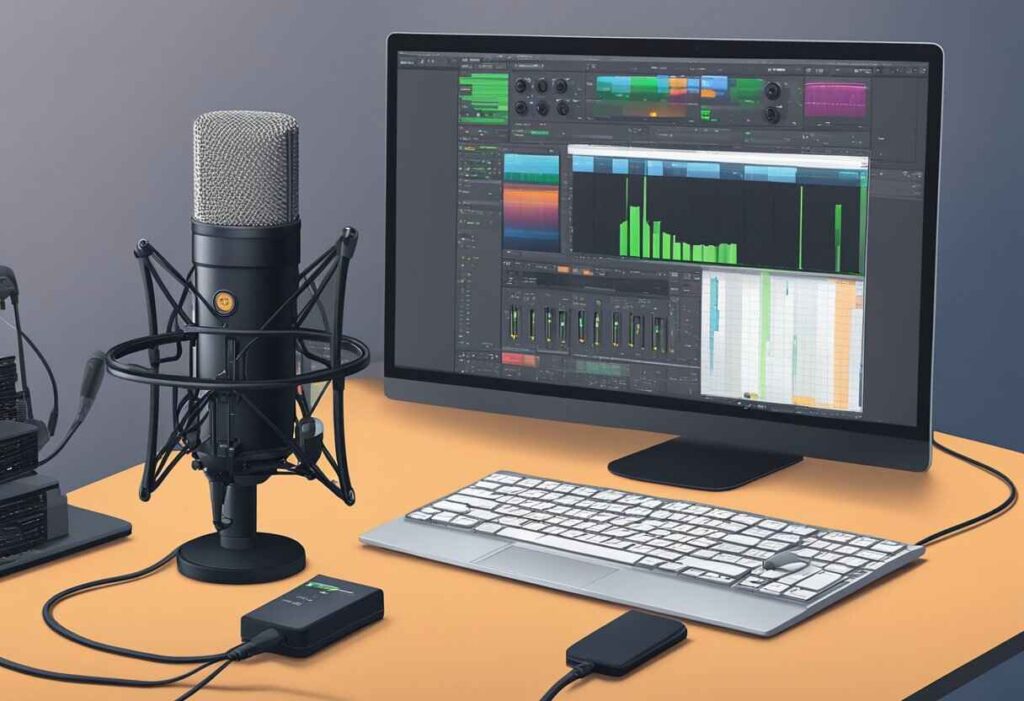 Mic, computer, keyboard on desk with FL Studio on screen