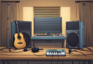 Music studio with guitar, keyboard, and mic for creating tunes