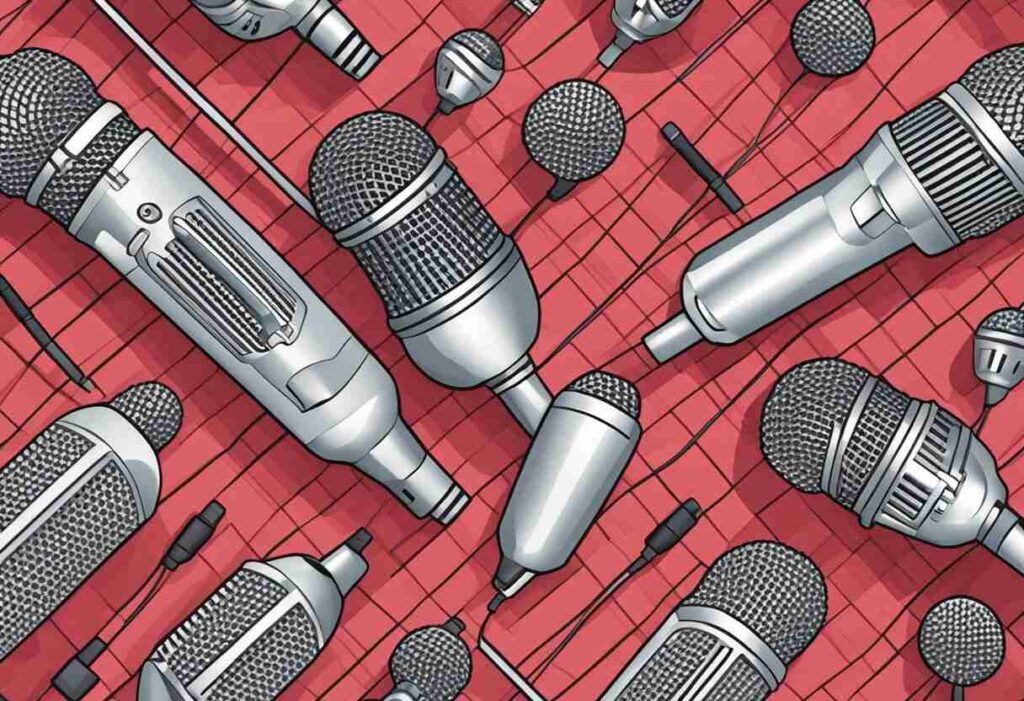Red background with microphones
